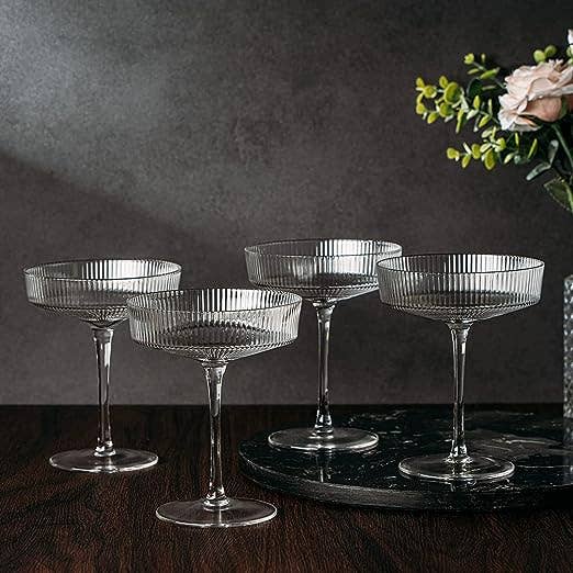 The Wine Savant / Khen Glassware - Wholesale Cocktail/Liquor Glass - Coupe Glasses Ribbed Coupe Cocktail Glasses 7 oz | Set of 4