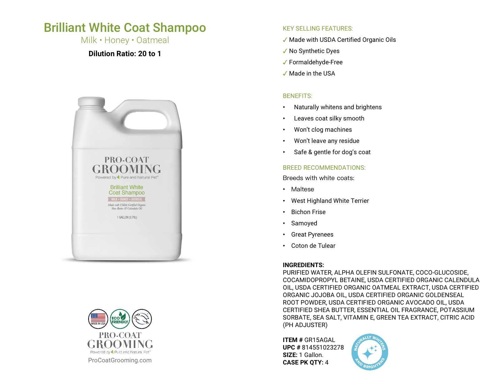 Pure and Natural Pet - Wholesale Pet Shampoo - Dog - Brilliant White Coat Shampoo for Dogs  - 1 Gallon1