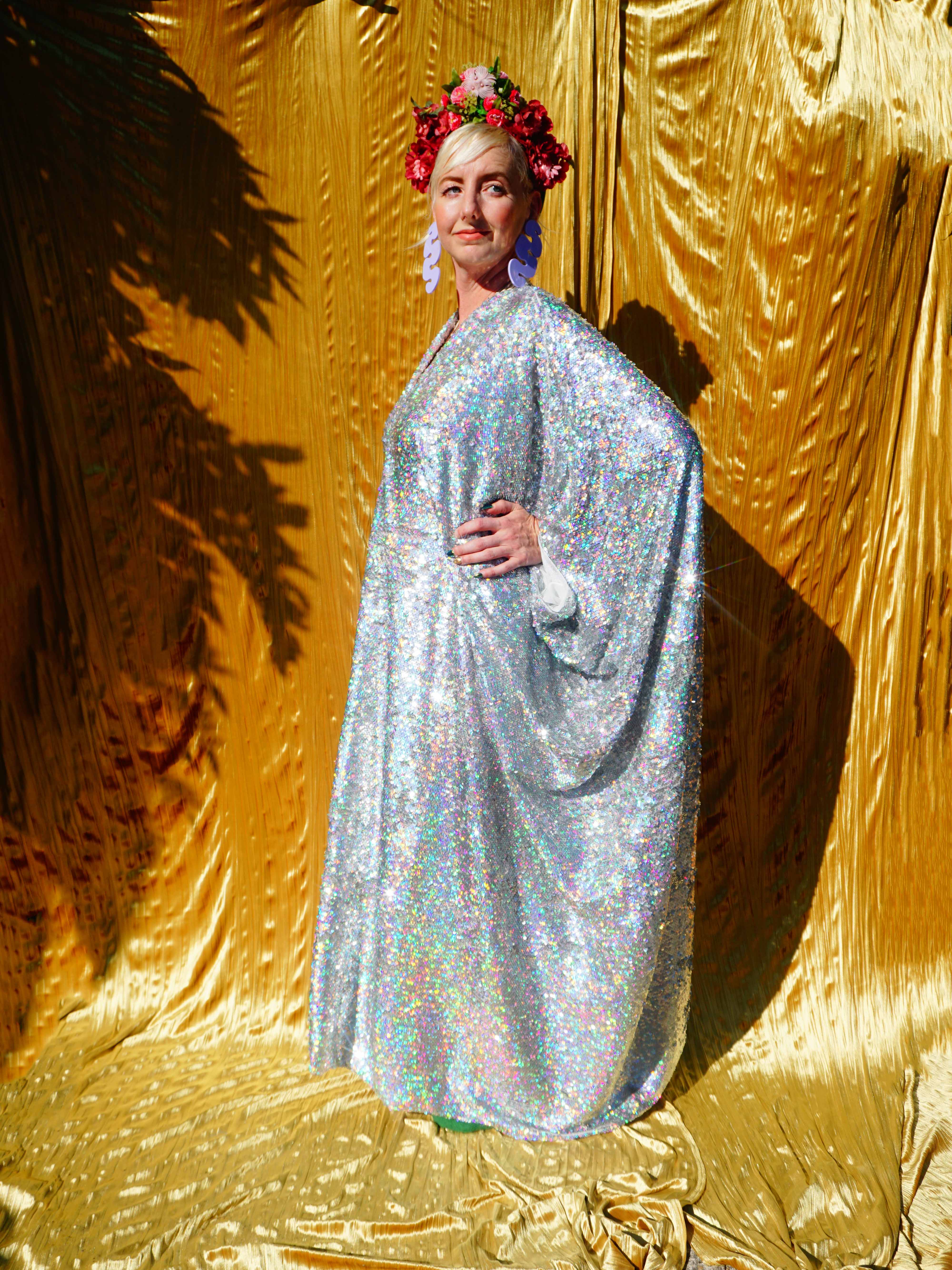Fumbalinas – wholesale Kaftan – Women's – SILVER Holographic Sequin V-neck Kaftan Gown6