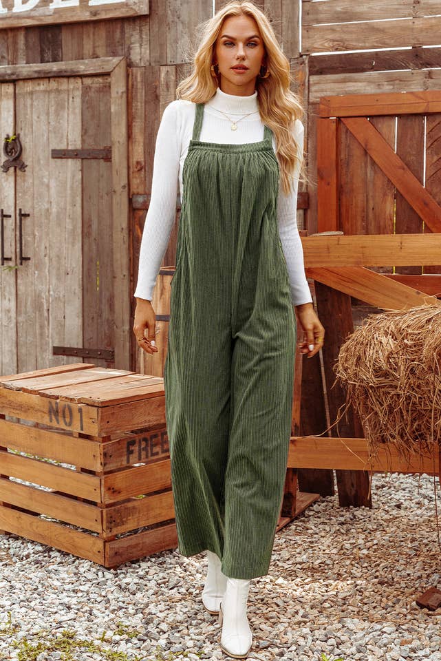 Green Fashion-W Solid Pocketed Loose Fit Corduroy Overall for wholesale on Faire14
