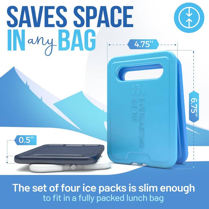 Everlasting Ice RX - Wholesale Ice pack - Reusable XL Slim Ice Packs for Lunch Boxes with Handle (4 Pack) BPA Free Freezer packs | 7.5 x 6.5 in | Long Lasting Ice Pack for Insulated Bags, Picnic, Travel, and More4