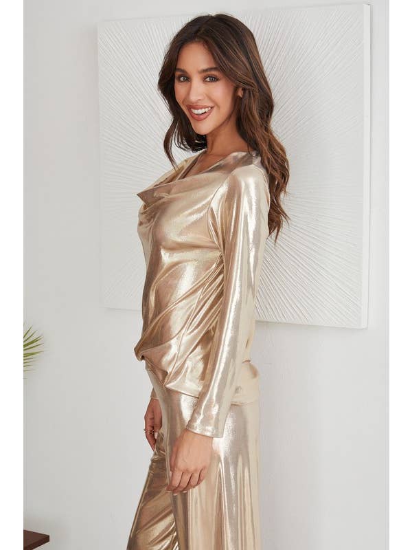 VENTI6 - Wholesale Blouse - Women's - METALLIC LONG SLEEVE COWL NECK TOP (7139-METALLIC)