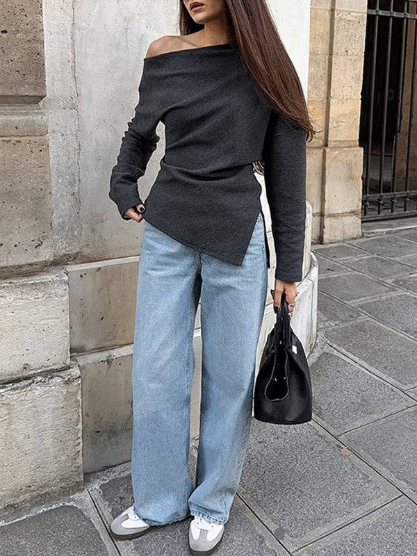 NERO Magliette a maniche lunghe con spacco laterale a spalla scoperta di colore solido e vestibilità ampia. in vendita all'ingrosso su Faire3