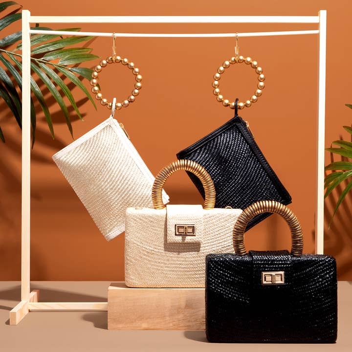 Soli & Sun - Wholesale Clutch Bag - Women's - Black Straw Clutch | Gold Bead Handle | Vacation Luxury5