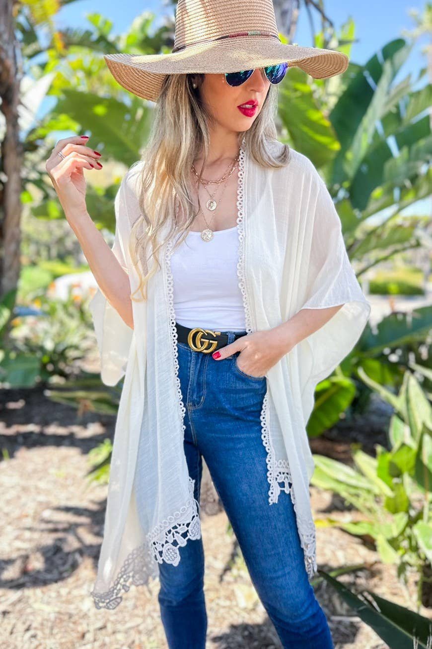 Bege Bege Sólido com Detalhe em Renda com Detalhe em Renda Capa Quimono Frente Aberta para venda a revendedores na Faire1