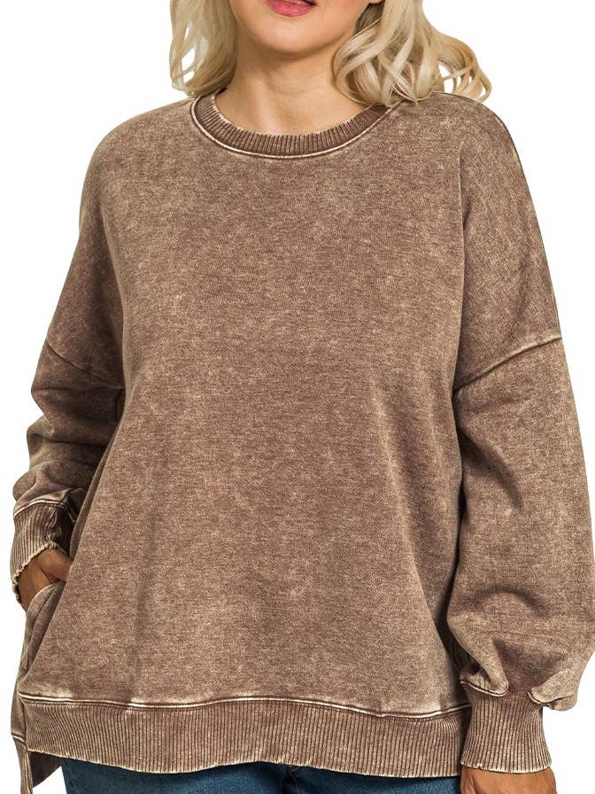 Plus Acid Wash Fleece Hi-low Hem Pullover for wholesale by Vanilla Monkey