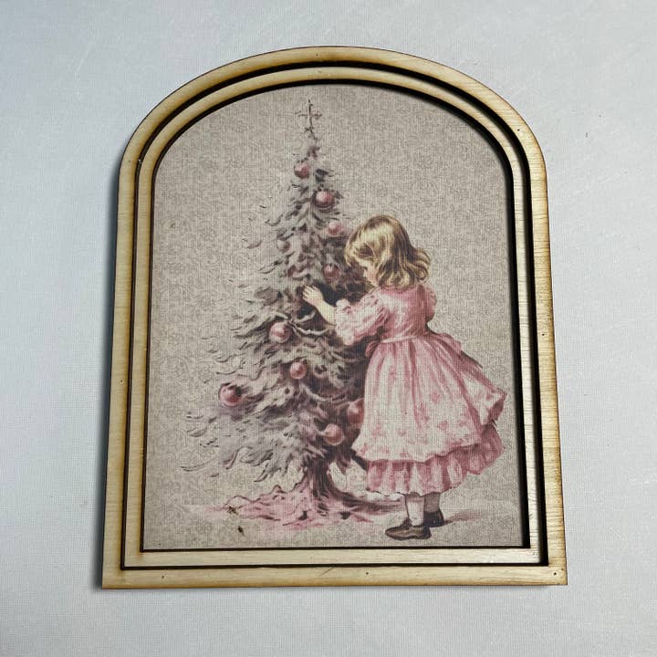 Vintage Child with Christmas tree Print arched frame for wholesale by LAND OF COTTON