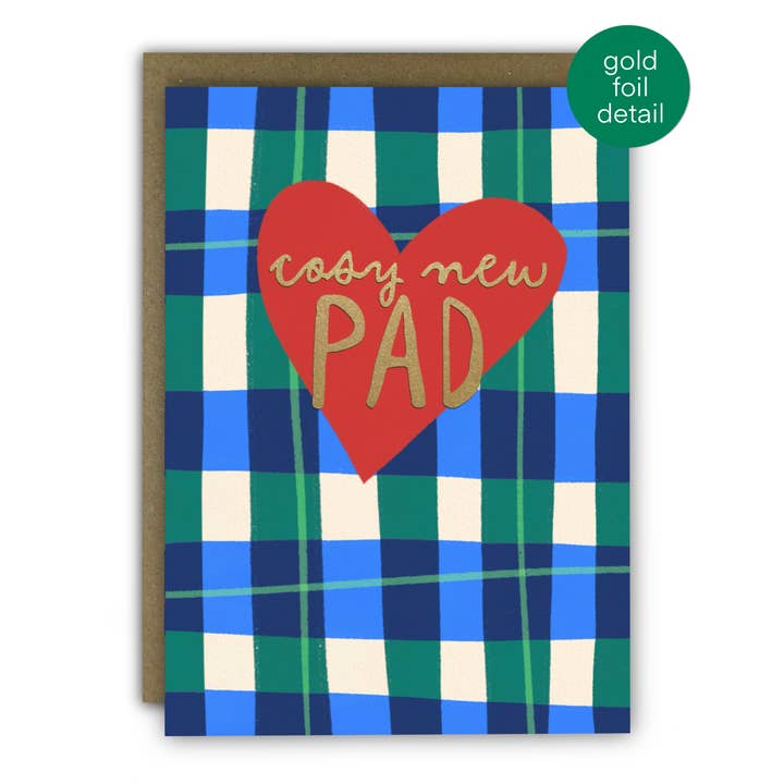 Carte de Nouvelle Maison Mignonne - Nouveau Nid Douillet Tartan avec Feuille d'Or pour la vente par RUNNING WITH SCISSORS