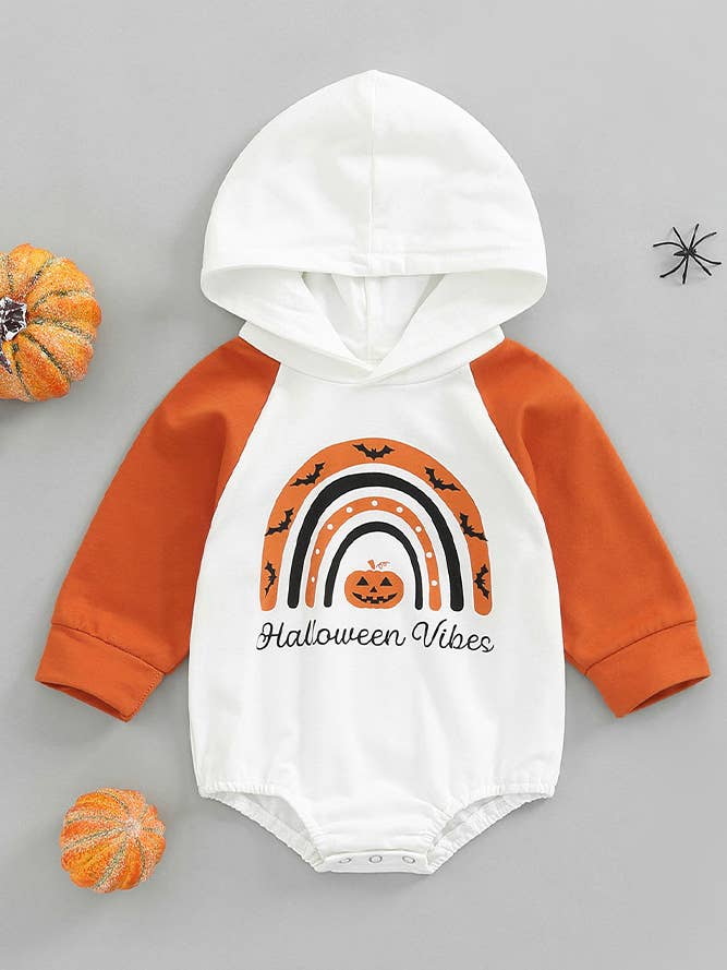 Halloween Vibes Print Baby Hooded Romper BDR014 for wholesale by UNISHE