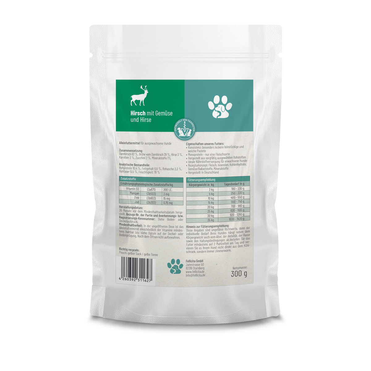 Fellicita - Wholesale Pet Food - Dog - Fellicita dog deer, vegetables & millet 300g fresh bag1