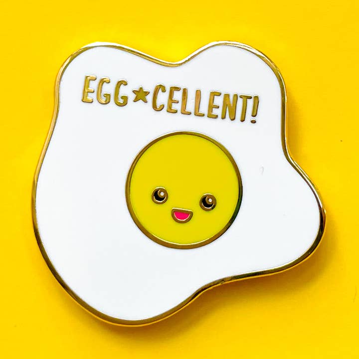 Egg-cellent Fried Egg Hard Enamel Pin for wholesale by Tiny Bee Cards