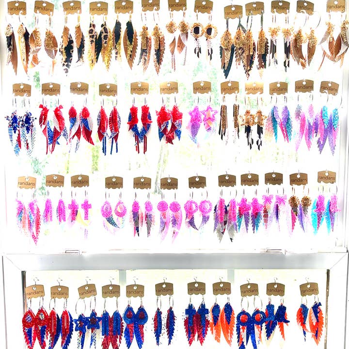 Glitter Feather Hoops- resin, faux leather, chain, dangle for wholesale by Randans