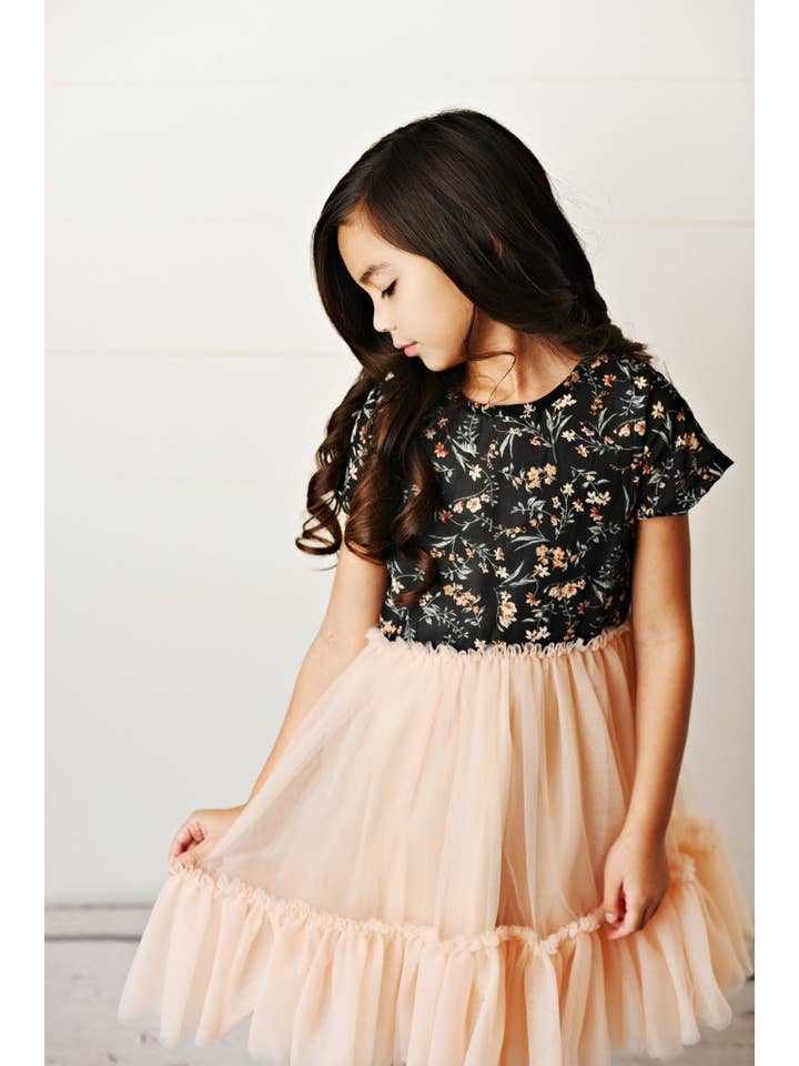 Oopsie Daisy - Wholesale Dress - Kids - Kids Black & Peach Floral Tulle Fancy Spring Summer Dress