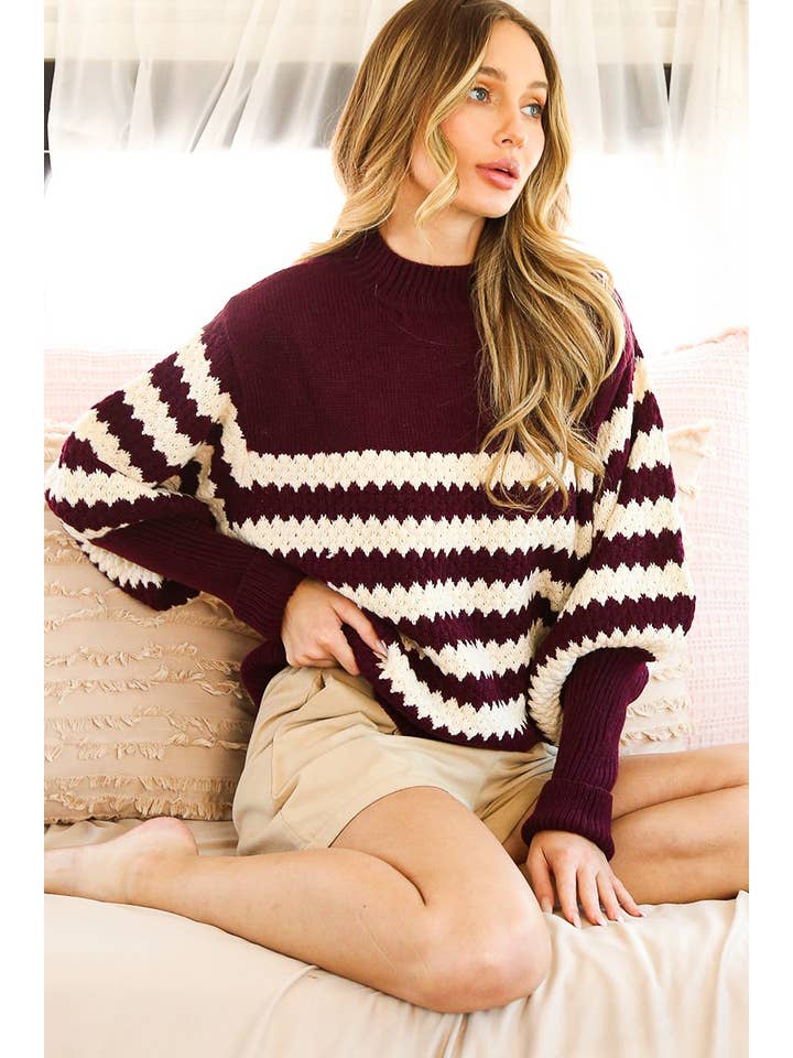 Vine & Love - Wholesale Knit Sweater - Women's - Ribbed Mock Neck Textured Striped Knitted Sweater VT7033214
