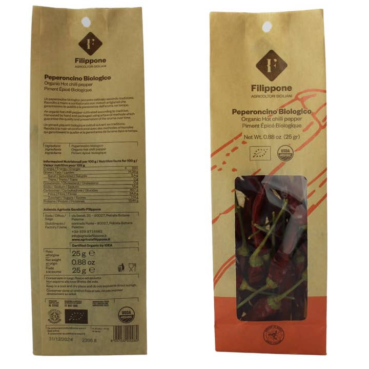 Wholesale Italian Food - Wholesale Dried Spice - Filippone, Organic Whole Dried Chili Pepper on the Stem, 0.88oz (25g)1
