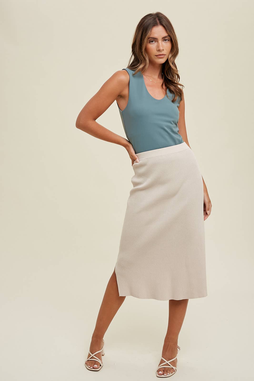 Wishlist Apparel - Wholesale Skirt - Women's - RIBBED SWEATER MIDI SKIRT WITH SIDE SLITS / WL23-81873