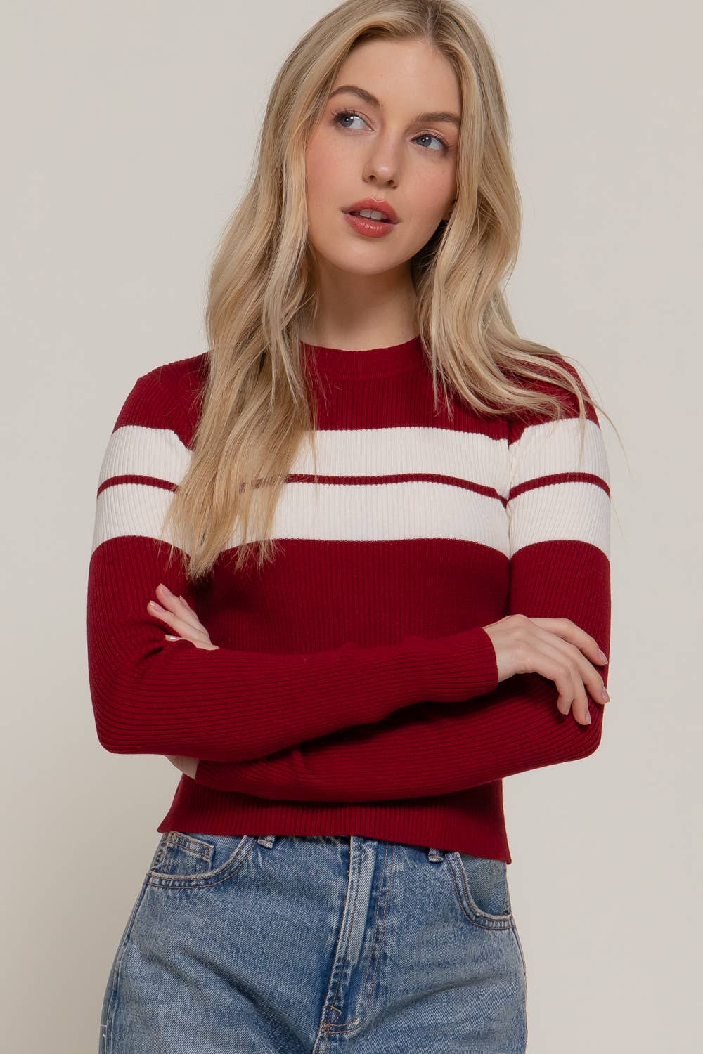 Active Basic | Active USA – wholesale Knitted jumper – Women′s – Long Sleeve Mock Neck Stripe Rib Sweater 16