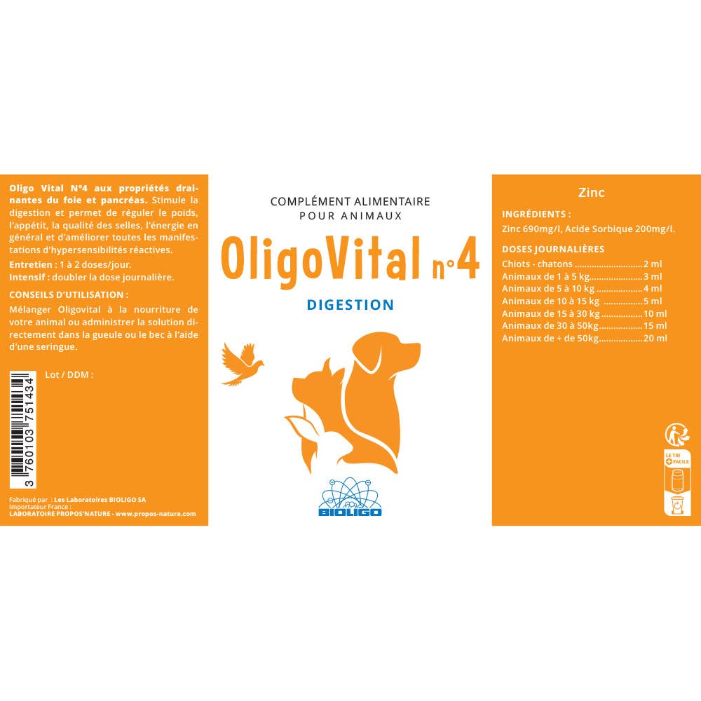 Propos'Nature – Engroshandel Supplement til kæledyr - Kat/hund – Oligovital 4 - Fordøjelse - Til dyr - 150ml, 500ml2