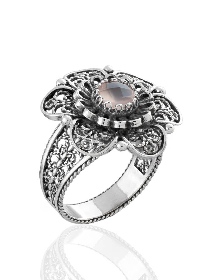 Art Pink Chalcedony Gemstone Flower Women Silver Ring for wholesale by Filigranist Jewelry