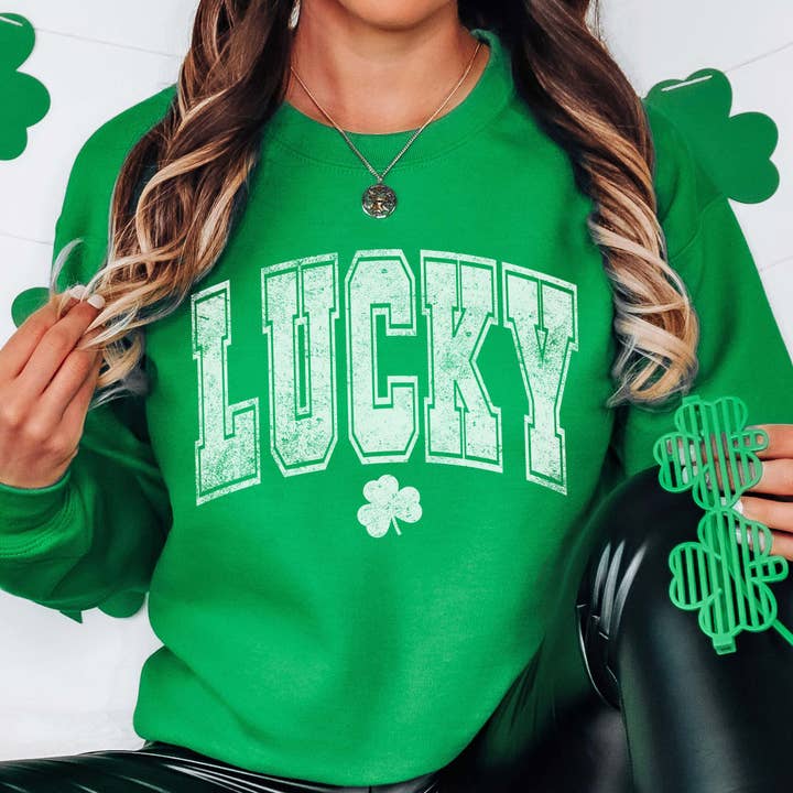 Varsity Letter Lucky Shamrock St Patrick's Day Sweatshirt Quick Ship for wholesale by Limeberry Designs