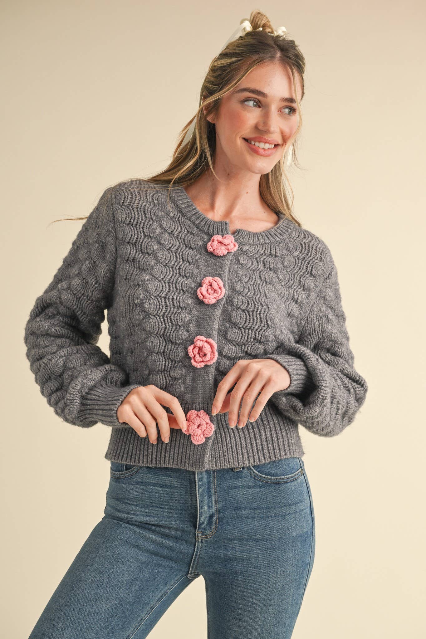 &MERCI - Wholesale Cardigan - Women's - TEXTURED SWEATER CARDIGAN WITH KNIT ROSETTE DETAIL MSW1073522