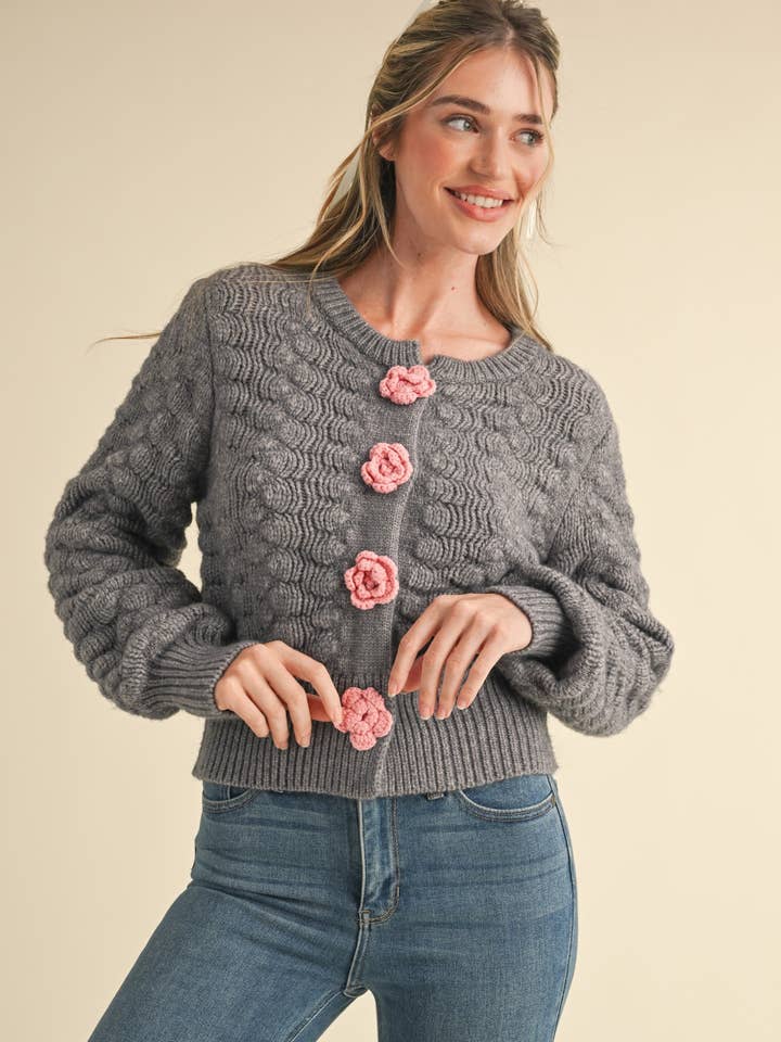 &MERCI - Wholesale Cardigan - Women's - TEXTURED SWEATER CARDIGAN WITH KNIT ROSETTE DETAIL MSW1073522