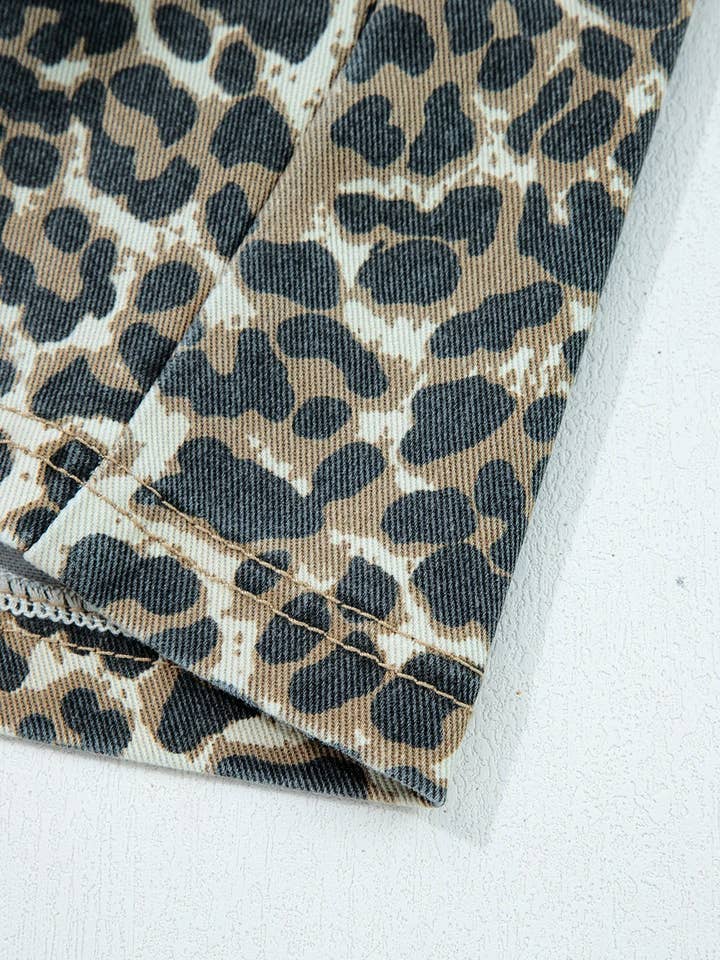 Gray Leopard Print Pocketed Loose Fit Denim Overall Dress for wholesale on Faire4