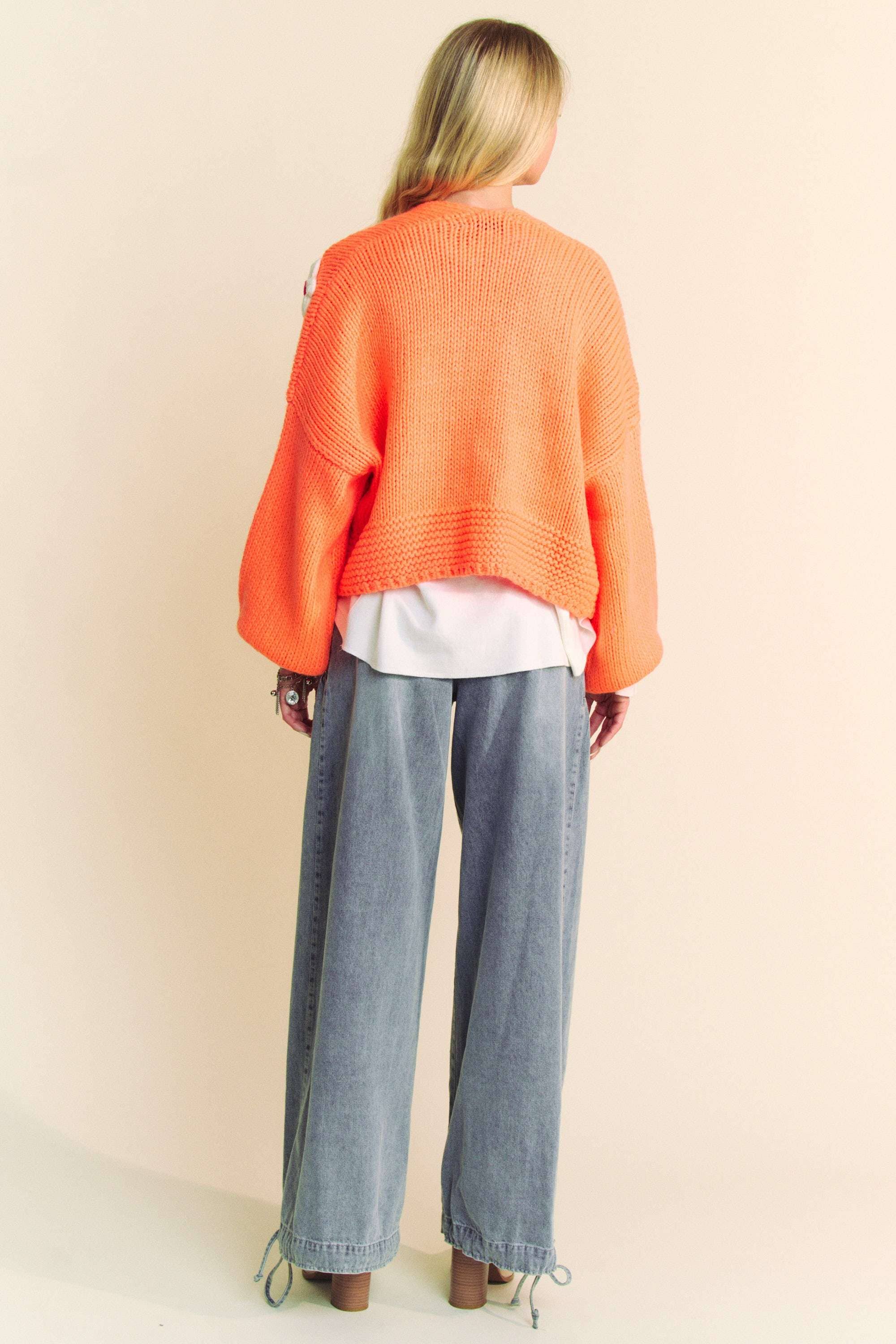 NEON ORANGE PLUS FLORAL APPLIQUE LANTERN SLEEVE CROP CARDIGAN for wholesale on Faire9