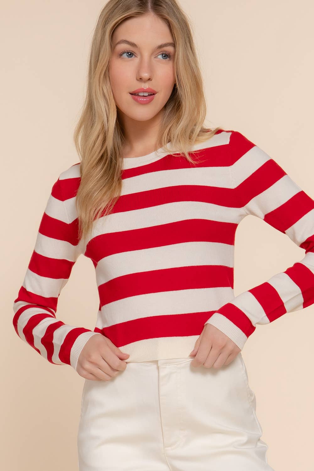 Active Basic | Active USA - Wholesale Knit Sweater - Women's - Long Sleevv Crew Neck Stripe Fitted Sweater0