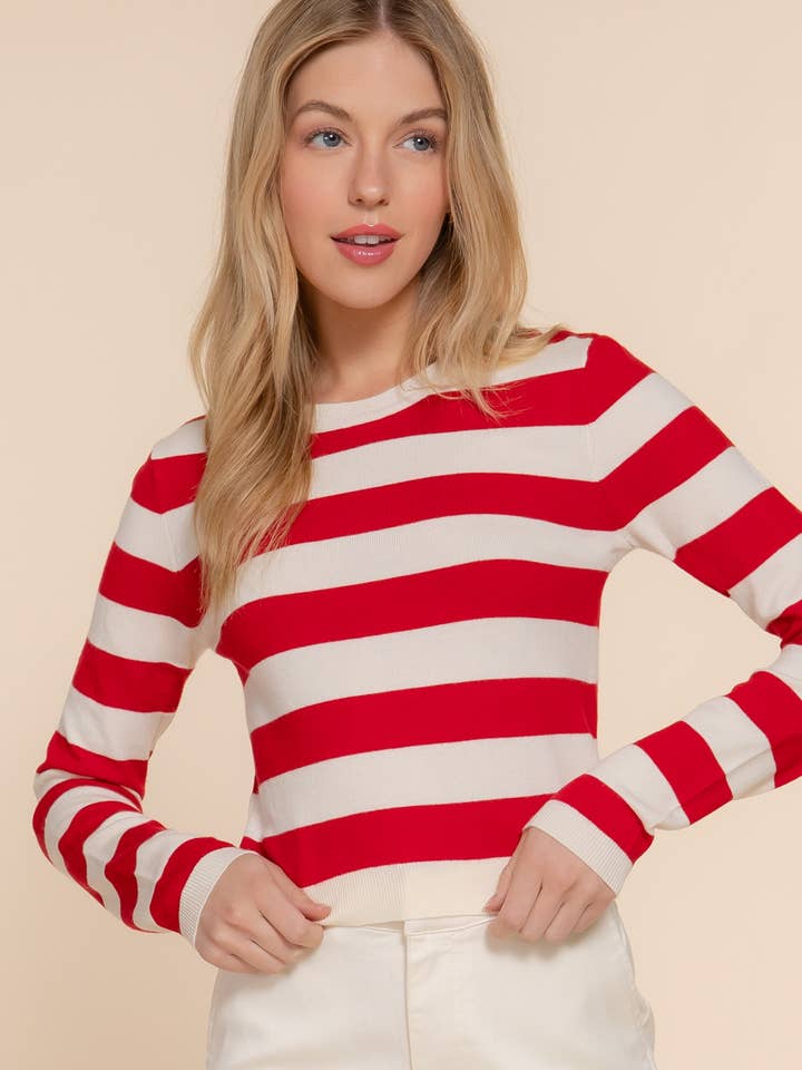 Active Basic | Active USA - Wholesale Knit Sweater - Women's - Long Sleevv Crew Neck Stripe Fitted Sweater0