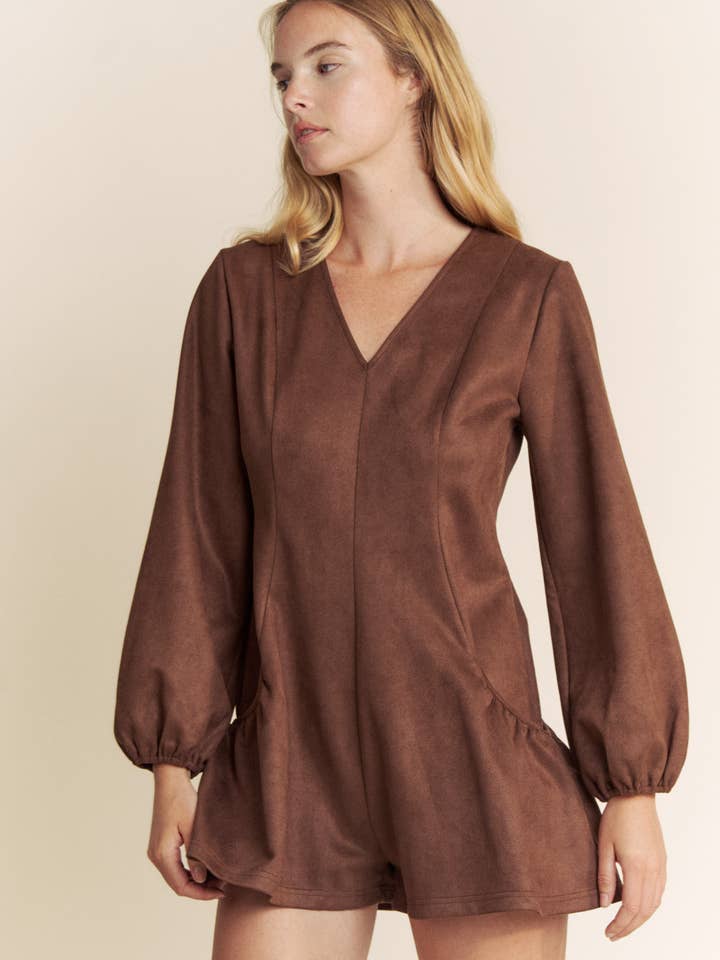 SUEDE LONG SLEEVE SIDE POCKED ROMPER for wholesale by Hers & Mine