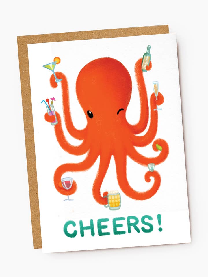 Cheers - Octopus - Celebration, Congratulations Card for wholesale by Jade Fisher