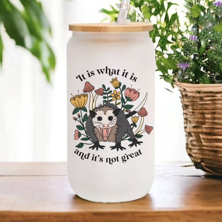It is what it is Possum Glass Can with Lid + Straw Tumbler for wholesale by Remember November, Inc