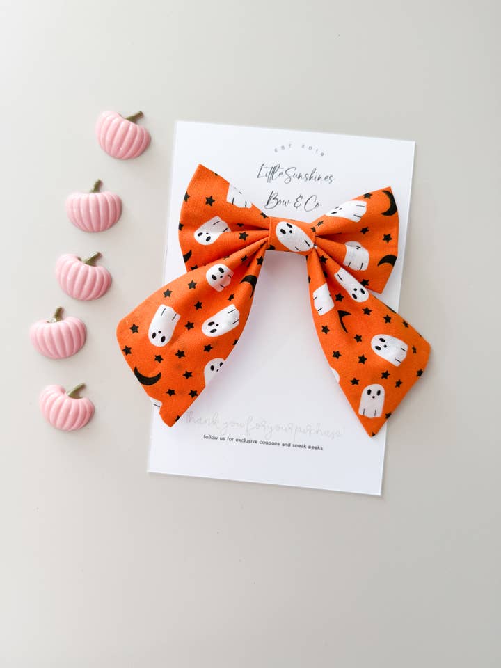 Orange Ghosts Halloween Sailor Bow for wholesale by Little Sunshines Bow & Co