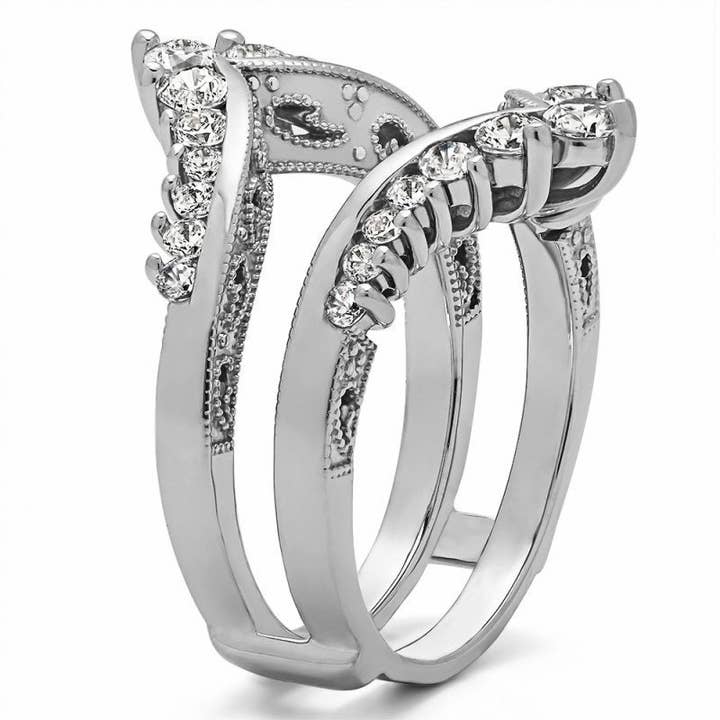 TwoBirch - Wholesale Wedding Band/Ring - Sterling Silver Chevron Ring Guard with Cubic Zirconia