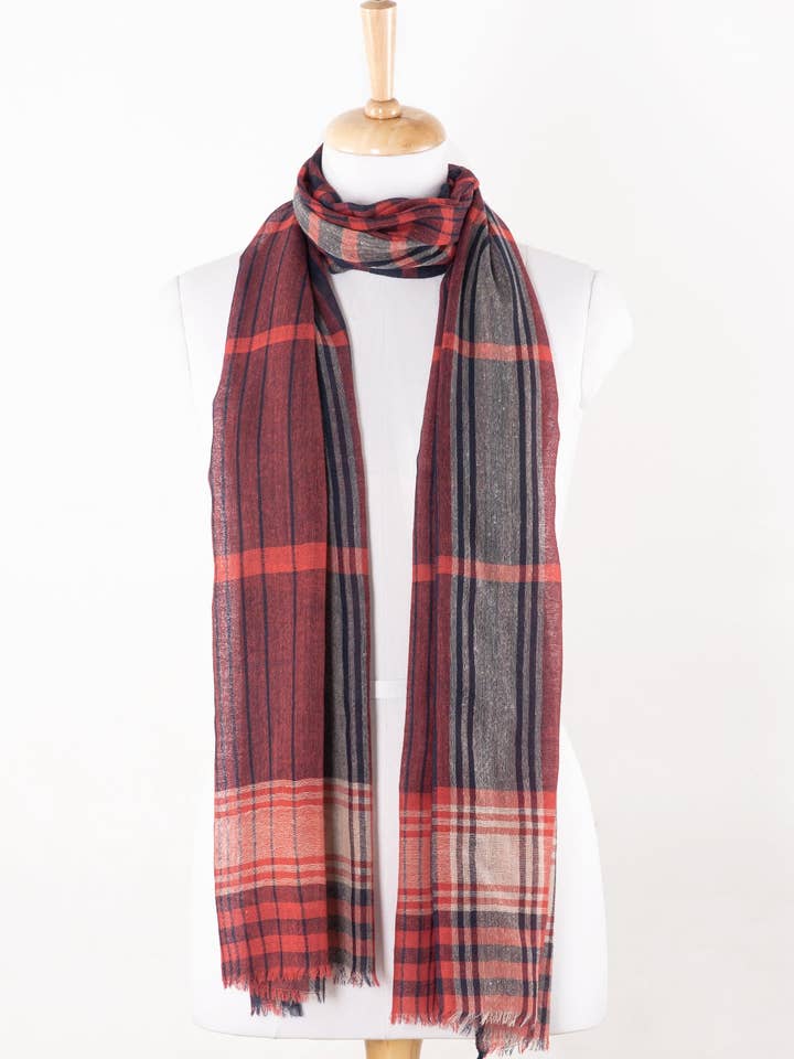 Yarn Dyed Checks and Stripes Merino Wool Scarf - Fuchsia Pink Navy for wholesale by SVEZElife