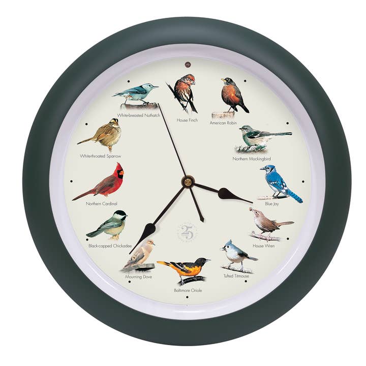 25th Anniversary Original Singing Bird Clock, 13 Inch, Green for wholesale by Mark Feldstein & Associates
