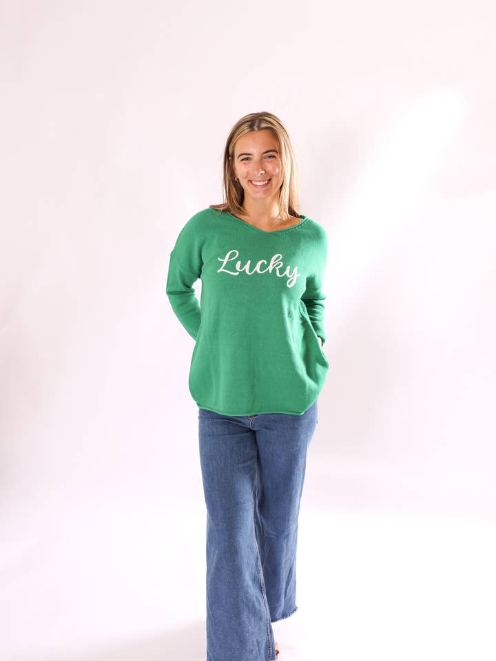 Lucky & Shamrock Lightweight Knit Sweater–St. Patrick's Day for wholesale by Top It Off