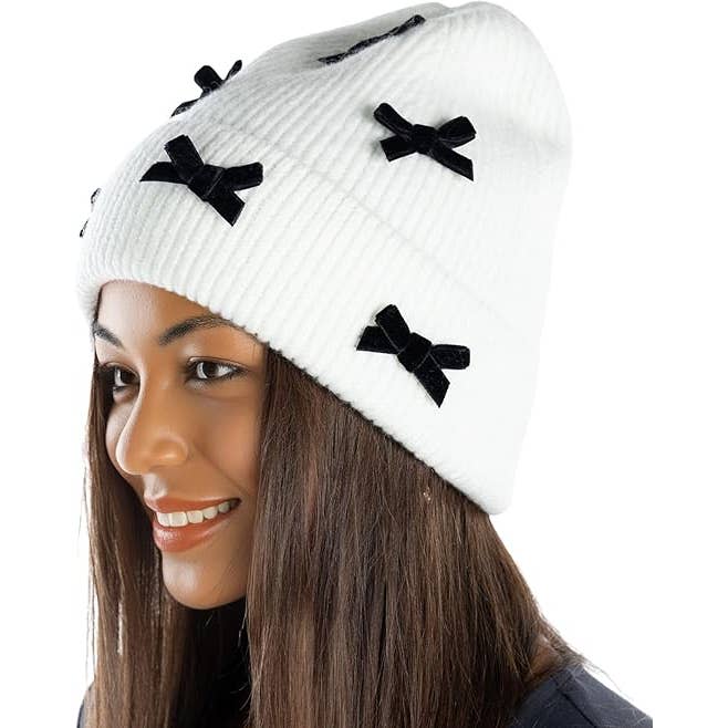 Funky Junque - Wholesale Beanie - Women's - Ribbed Knit Mini Velvet Bows Beanie - Ivory w/ Black Bows