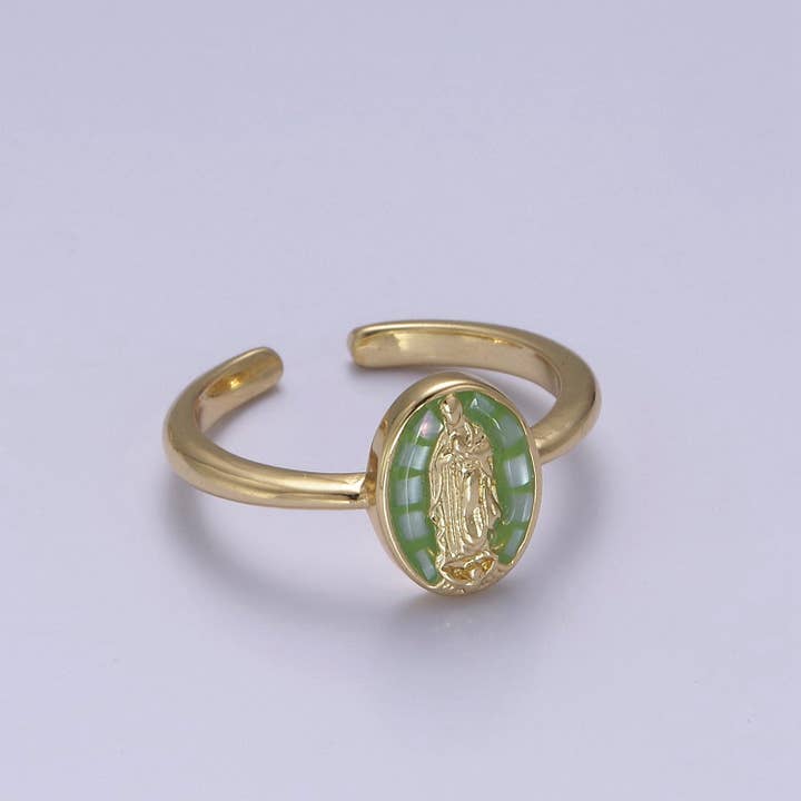Aim Eternal - Wholesale Cocktail/Statement Ring - Gold Filled Oval Virgin Mother Mary Shell Opal Ring in Gold 8