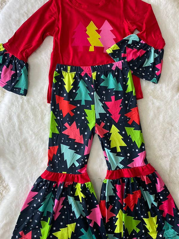 luluclothes - Wholesale Top & Pant Set - Kids - DLH0824-2 Christmas trees prints red top pant girls sets