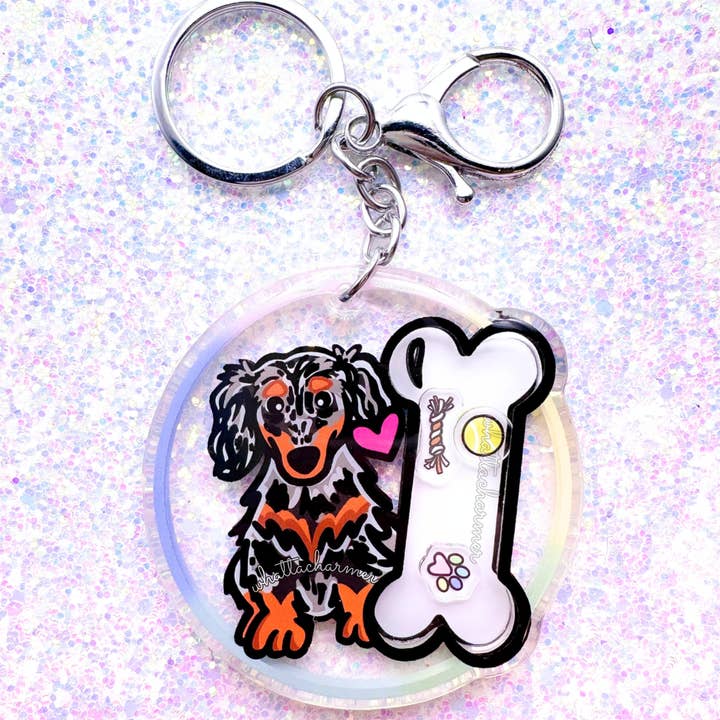 Dachshund (Doxie) Dog Keychain, Longhaired Silver Dapple for wholesale by WhattaCharmer