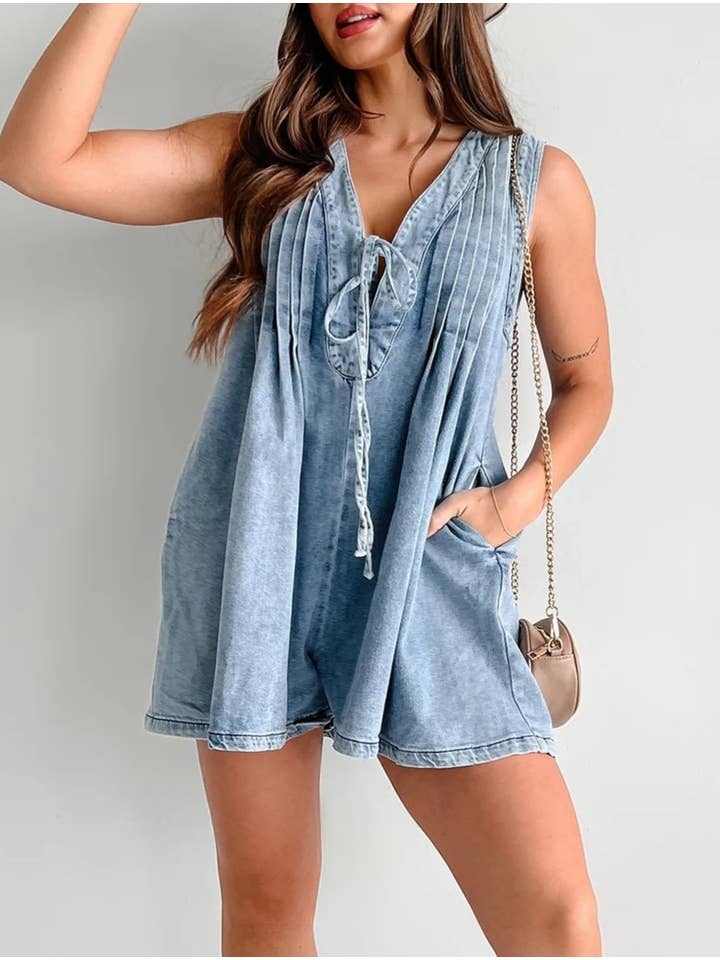 Rosa Clothing - Wholesale Romper - Women's - V-Neck Lace-Up Sleeveless Denim Shorts Jumpsuit