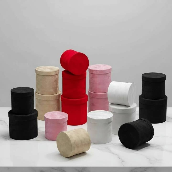 Chic Velvet Round Flower Box with Lid for wholesale by Elegant Design Supply