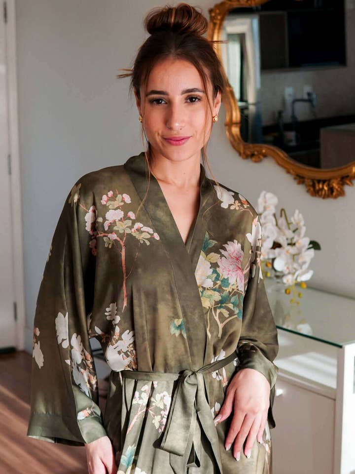 Floral Olive Kimono Robe for wholesale on Faire16