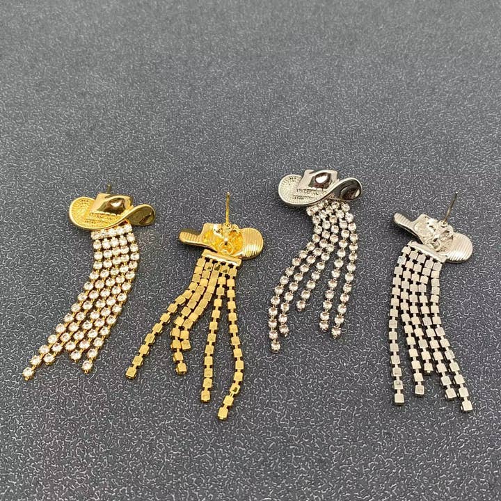 Mio Queena - Wholesale Tassel Earrings - Western Sparkling Rhinestone Tassel Hat Post Earrings - WJ3
