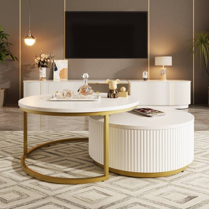 39F Inc. - Wholesale Coffee Table - 31.5" Modern Round Nesting Coffee Table - White & Gold1