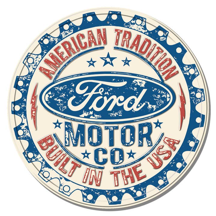 ROUND - FORD - Built in USA Tin Sign for wholesale by Desperate Enterprises