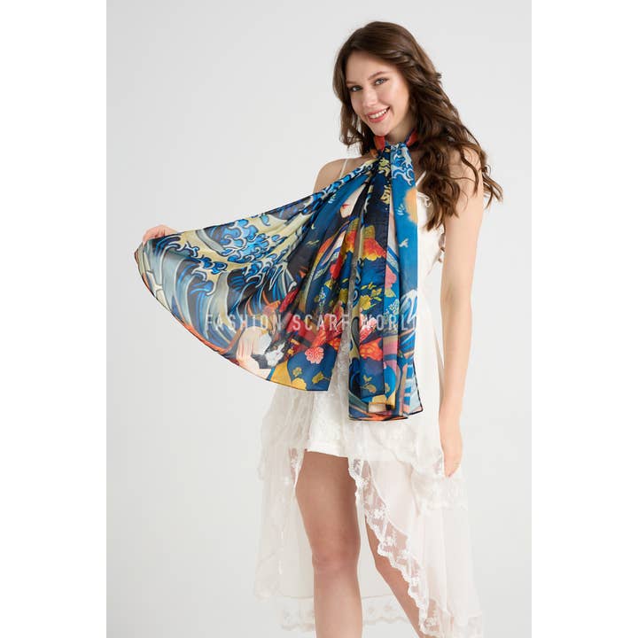Multi Japanese Great Wave and Lady Print Silk Scarf for wholesale on Faire1