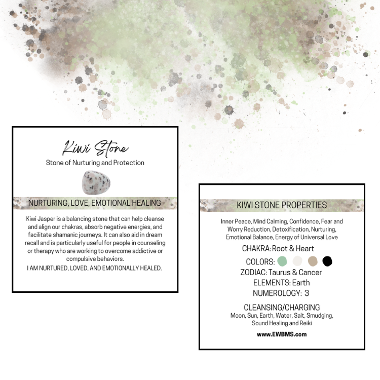 Essential Wellness - Body, Mind, Spirit - Wholesale Spiritual Stone/Crystal - KIWI STONE Gemstone Information Card0